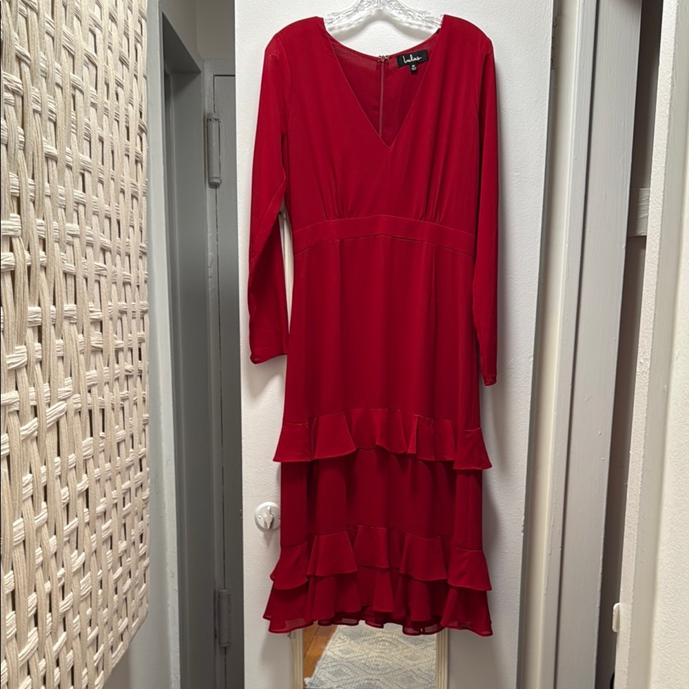 Lulu's Red Ruffled Tiered Gown V-Neck Long Sleeve
